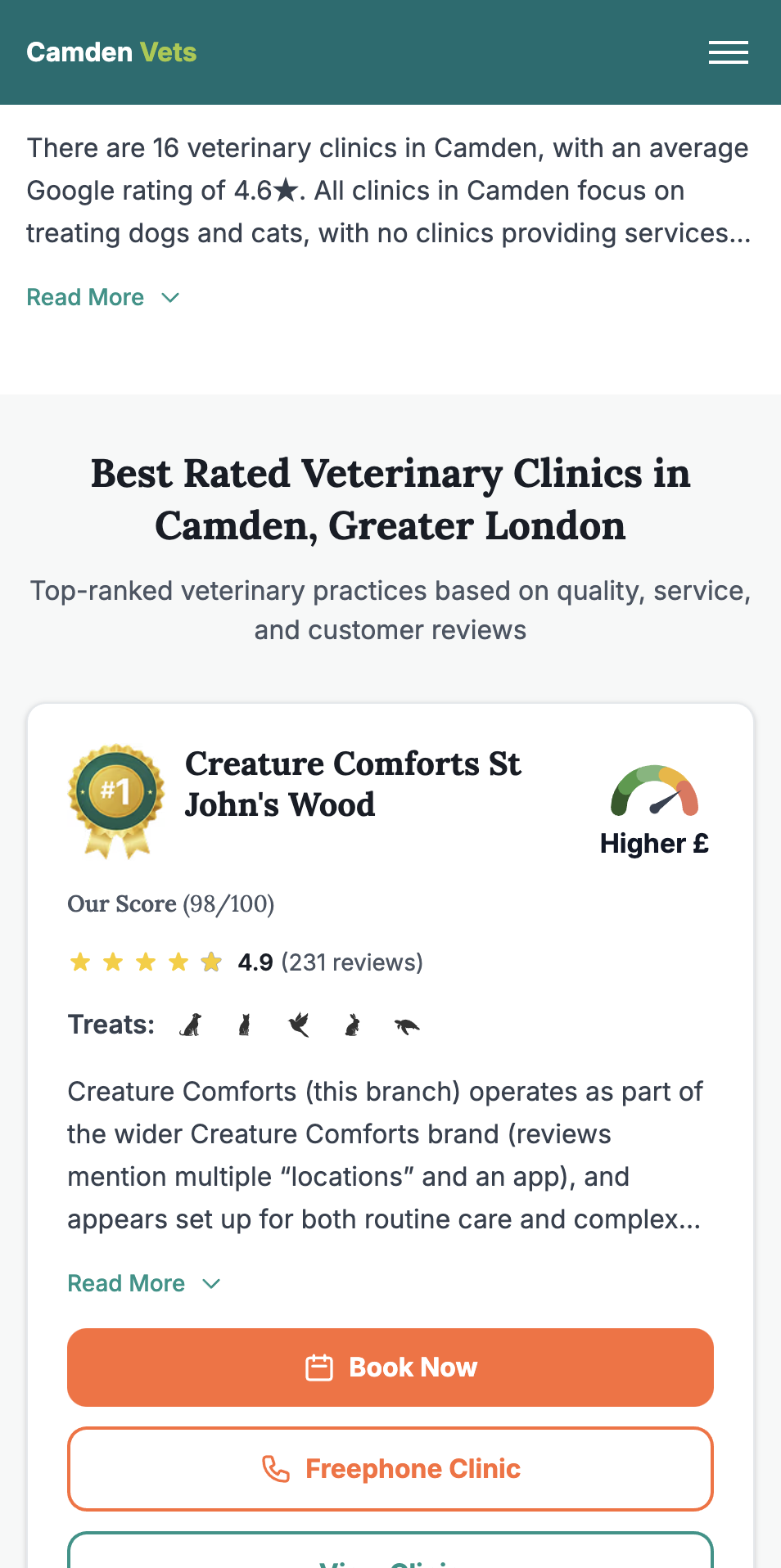 Clinic card with price comparison gauge