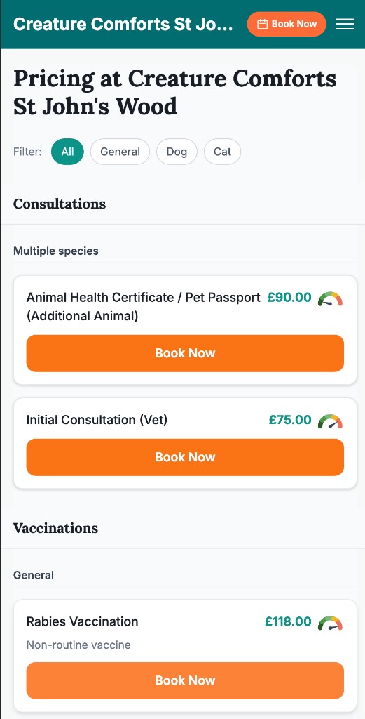 Clinic pricing tab with structured prices